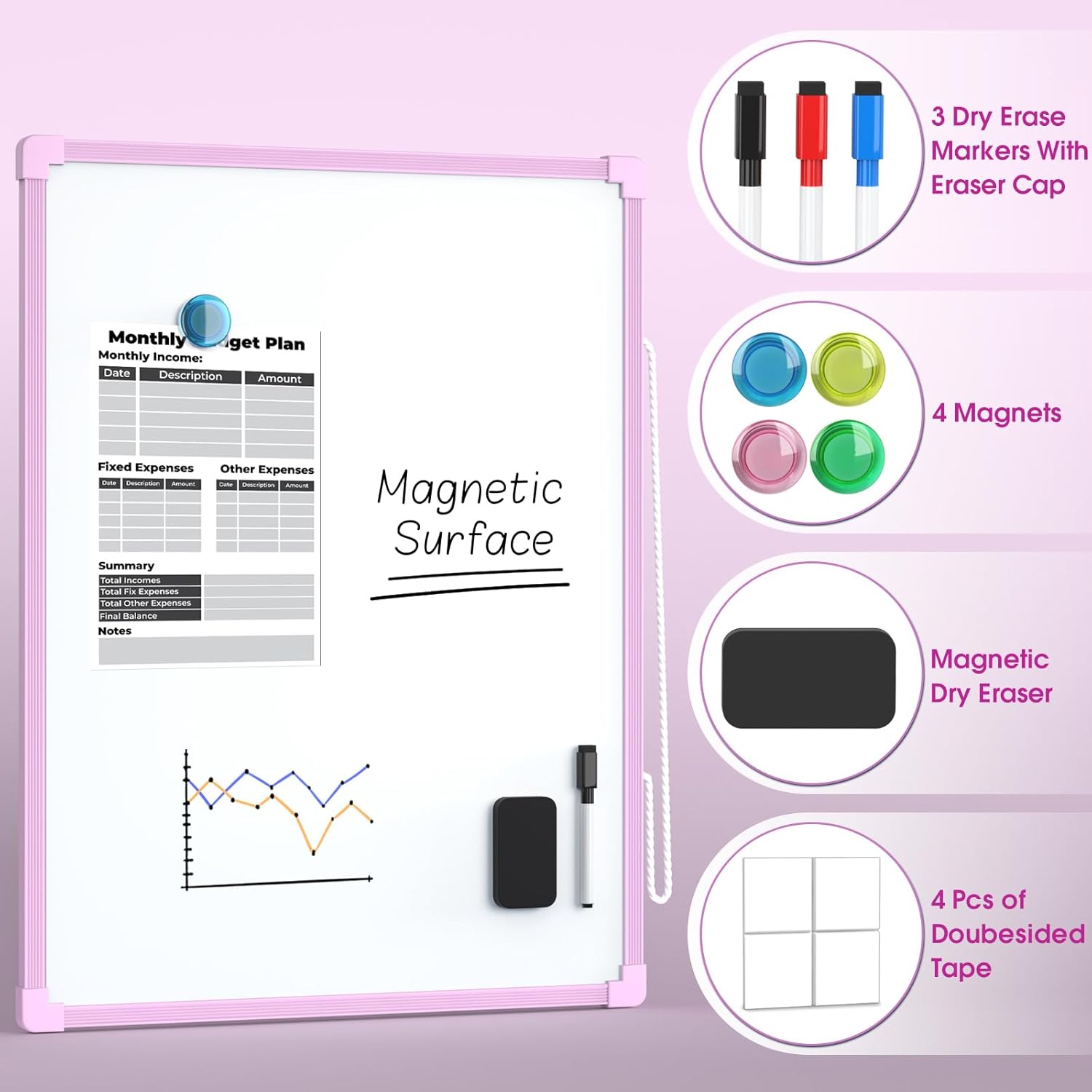 MaxGear Double-Sided Dry Erase Board for Wall, 16"x12" Hanging Whiteboard, Small Dry Erase White Board kit, Portable Whiteboard for Students - Planning, Drawing, Memo, to Do List, Purple Frame