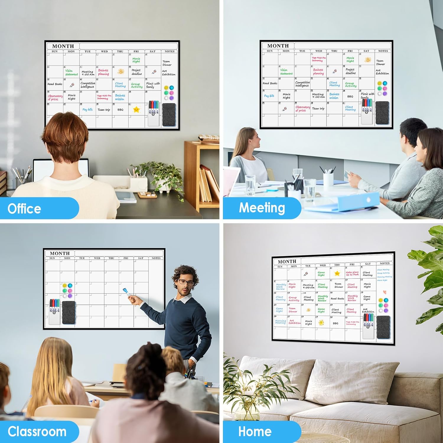 MaxGear 36"x24" Adhesive Dry Erase Calendar Monthly Whiteboard for Wall, Office, Classroom, Home, Drill-Free Installation, 1 Marker Holder, 4 Markers, 1 Eraser, 6 Magnets, Smooth Writing & Erasing