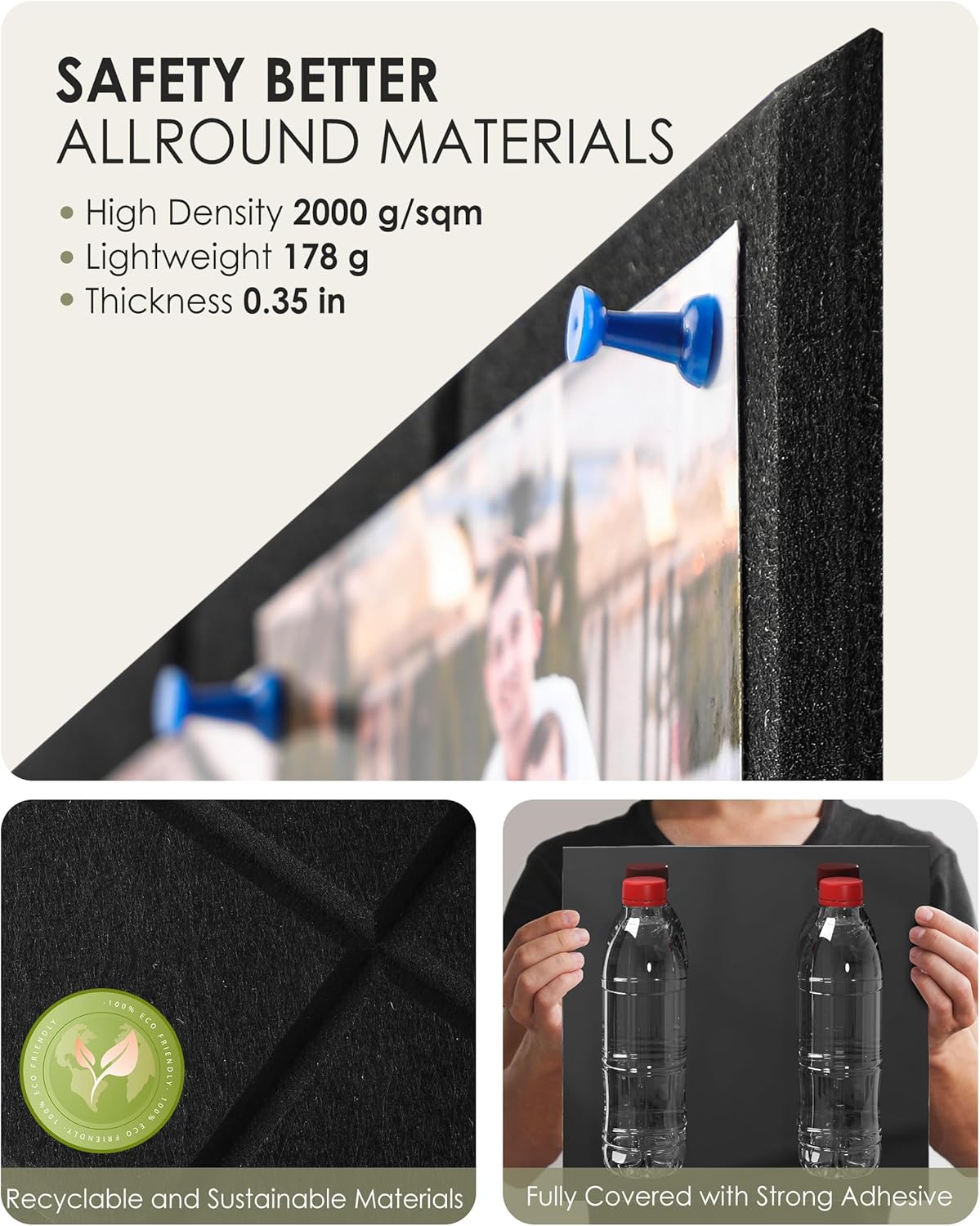 MaxGear Nine-Grid Cork Board 36" x 24" Self-Adhesive Pin Board, 6 Pack Black Felt Bulletin Board Tiles, Wall Panels Alternative with Pushpins for Office, Home Photo Meno, School Decor