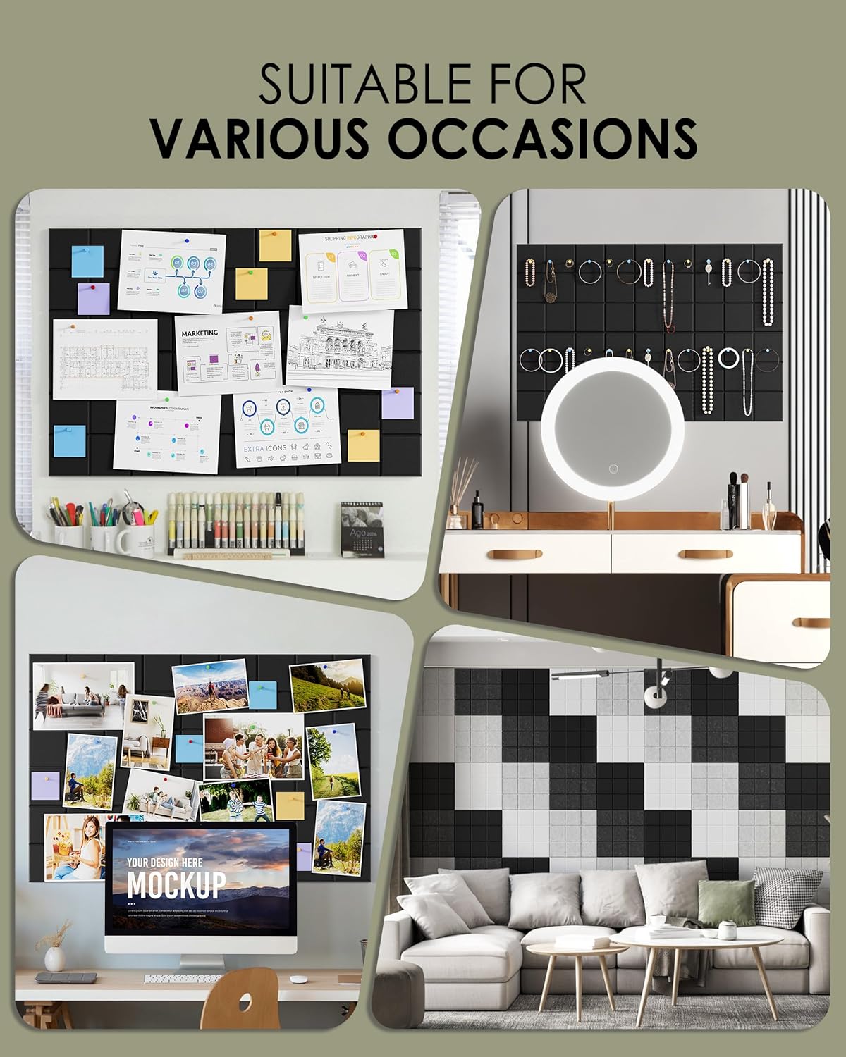 MaxGear Nine-Grid Cork Board 36" x 24" Self-Adhesive Pin Board, 6 Pack Black Felt Bulletin Board Tiles, Wall Panels Alternative with Pushpins for Office, Home Photo Meno, School Decor