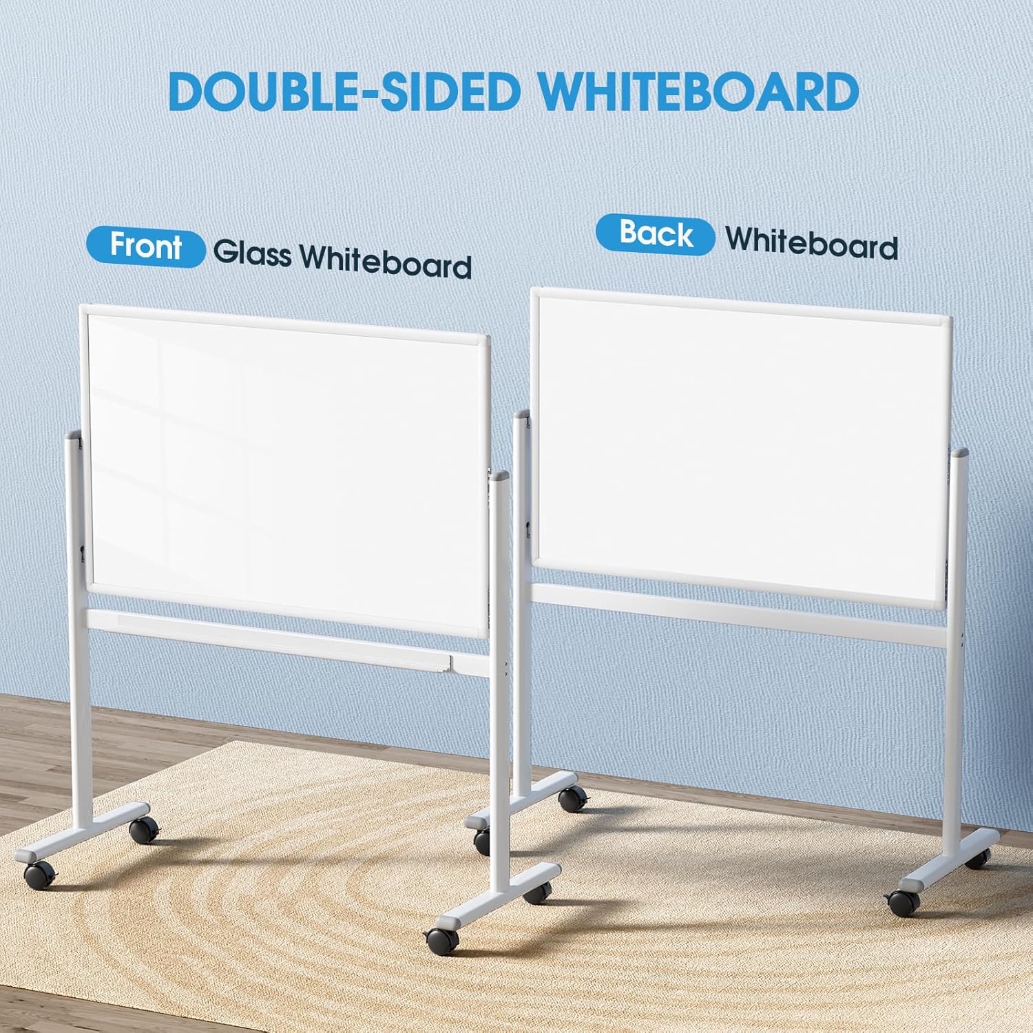 MaxGear Glass Whiteboard on Wheels, 48 x 30 Mobile White Board Stand, Magnetic Double-Sided Dry Erase Board with Aluminium Frame and Stand, Rolling Whiteboard with 3 Markers, 6 Magnets and 1 Eraser