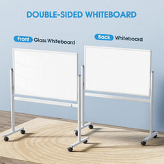 MaxGear Glass Whiteboard on Wheels, 48 x 30 Mobile White Board Stand, Magnetic Double-Sided Dry Erase Board with Aluminium Frame and Stand, Rolling Whiteboard with 3 Markers, 6 Magnets and 1 Eraser