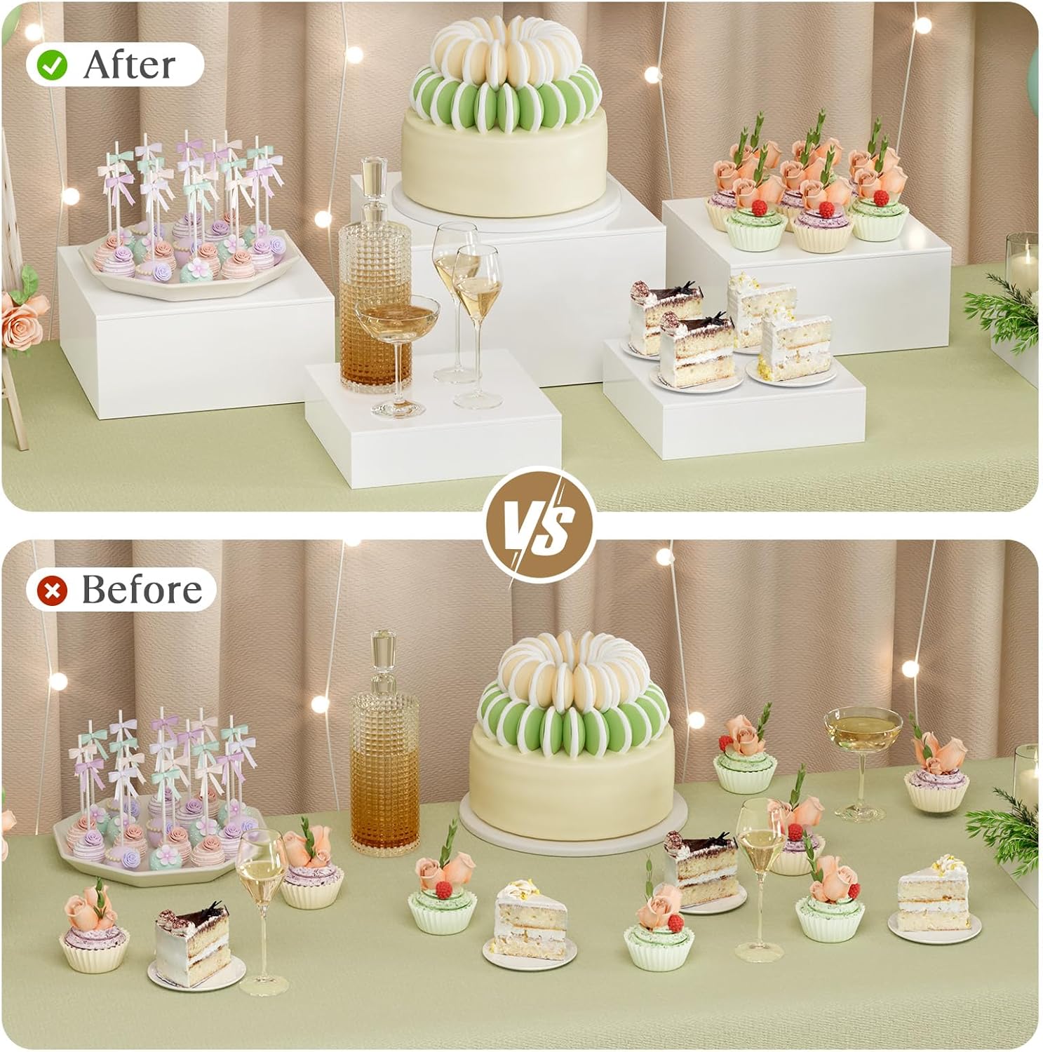 MaxGear 3 Pcs Acrylic Buffet Risers, Food Display Stand for Buffet Table, Dessert Cube Boxes with Hollow Bottoms for Party Food Display, Catering, 6"x7"x8", White