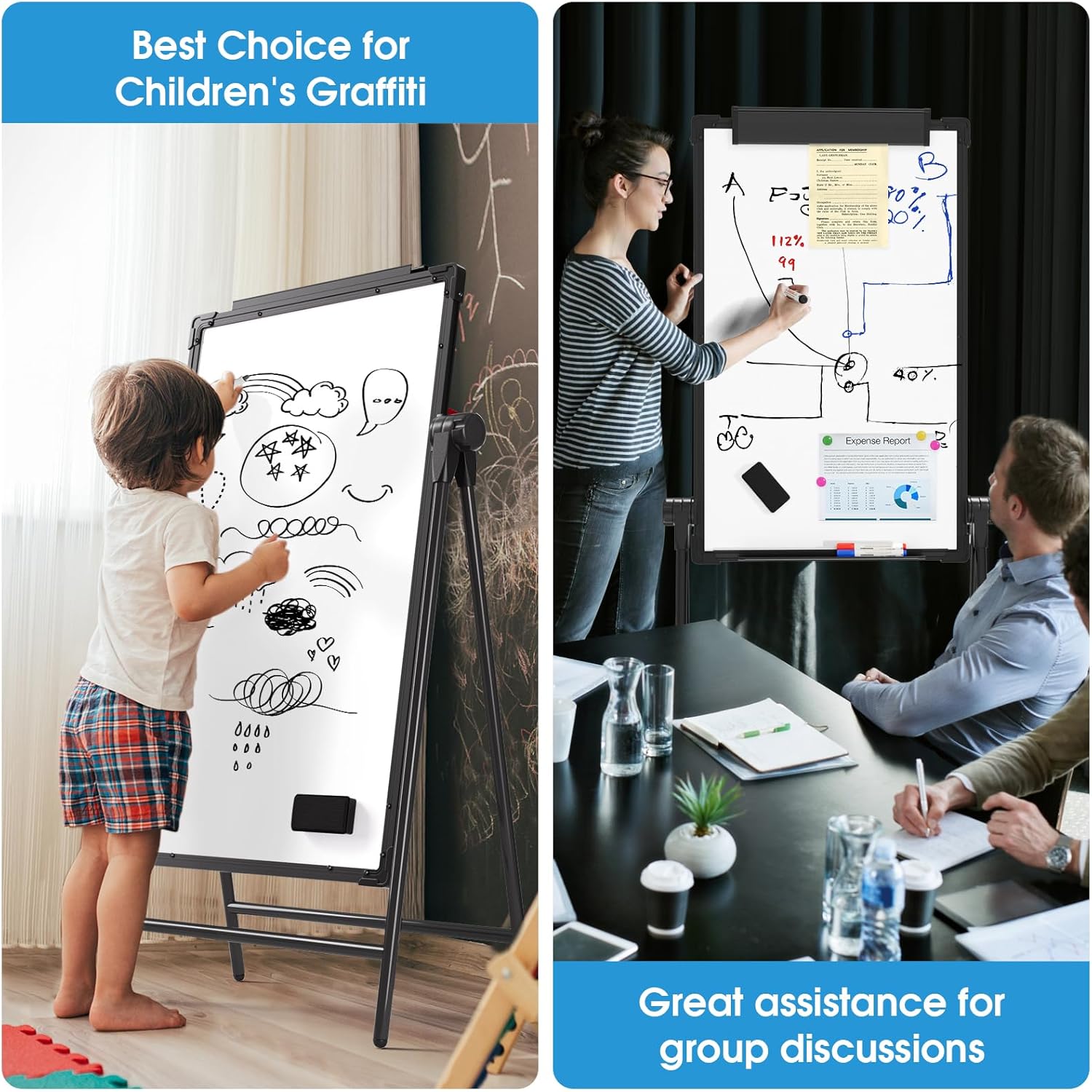MaxGear Large White Board with Stand, 36" x 24" Double Sided Big Easel Whiteboard A-Stand Dry Erase Board Height Adjustable Flip Chart for School,Classroom,Office, Black Aluminum Alloy Frame
