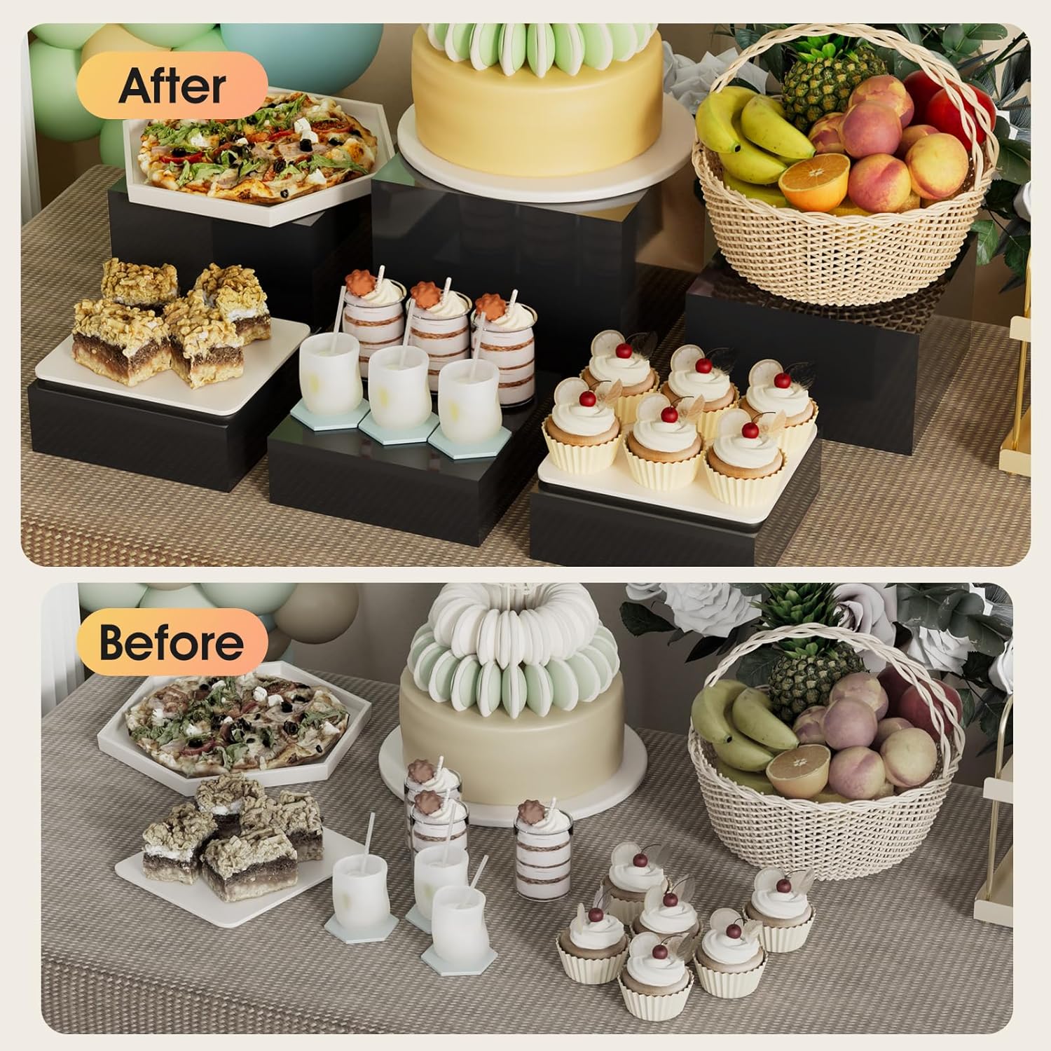 MaxGear Buffet Risers Acrylic Food Display Stands for Party, Buffet Table, Catering, Figures, Dessert Cube Boxes with Hollow Bottoms 3 Pcs, 6"x7"x8", Black