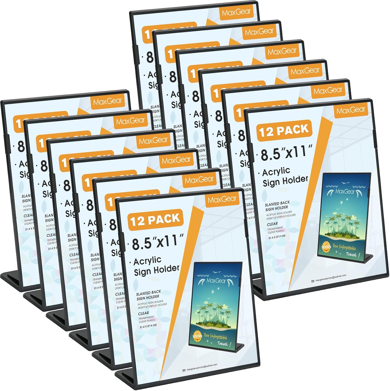 MaxGear Fall Resistant Acrylic Sign Holder 8.5 x 11 Inches 3 Pack, Slant Back Table Flyer Menu Display Stand, Heavy Duty Plastic Acrylic Sign Frame Paper Holder for Business, Store, Restaurant, Black